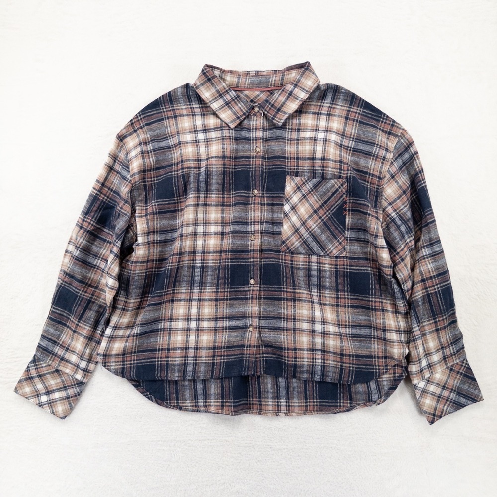 Scotch & Soda Womens Plaid Flannel Shirt Large Navy Tan Oversized Cozy Cabin
